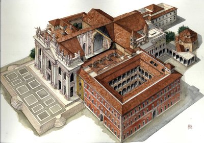 Architecture baroque : reconstruction de la basilique Saint-Jean-de-Latran (Saint-Jean-de-Latran ou San Giovanni in Laterano) (XVIIe-XVIIIe siècle) Rome Illustration de Giorgio Albertini. (L