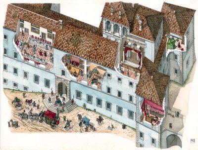 Art baroque : vue et coupe architecturale du palais Chigi a Ariccia, Lazio, au XVIIe siècle. L
