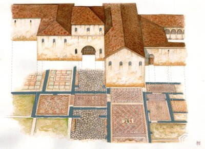 Art byzantin : vue du site de la Domus des tapis de pierre (dei tappeti di pietra) à Ravenne (Ravenne) au VIe siècle, composé de mosaïques d