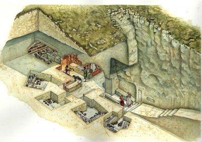 Civilisation étrusque : reconstruction et découpage de la tombe François de Vulci. IIIe siècle avant J.-C. Italie - Giorgio Albertini