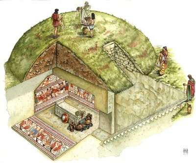 Civilisation étrusque : reconstruction et découpage de la tombe de Triclinio (triclinium), nécropole de Tarquinia. Ve siècle avant J.-C. Italie Illustration de Giorgio Albertini. - Giorgio Albertini