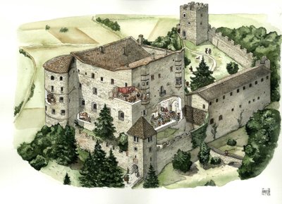 Architecture médiévale : vue du château de Pergine, avec des coupes permettant de voir la vie des habitants dans les pièces du château au XVIe siècle. Pergine Valsugana, Trento, Italie Illustration de Giorgio Albertini. (L
