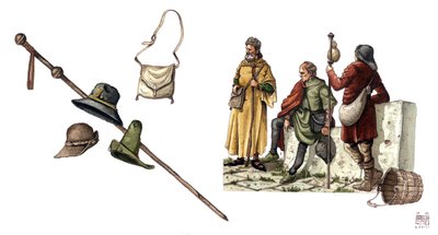 Mode médiévale : costume pelerin entre le 12e et le 14e siècle, sac, chapeaux, canne, tuniques. - Giorgio Albertini