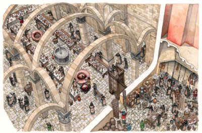Moyen Âge : un réfectoire et une cuisine dans un monastère. Les religieux travaillent à la préparation des repas de la communauté. 12e ou 13e siècle - Giorgio Albertini