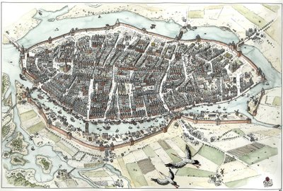 Moyen Âge : vue aérienne de la ville de Lubeck en Allemagne avec plan des rues, montrant sa position géographique sur une île au confluent des rivières Wakenitz et Trave. 15e siècle. Allemagne Illustration de Giorgio Albertini. (L