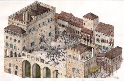 Moyen Âge : vue aérienne de la place centrale de la ville de Gubbio (Ombrie) en Italie au XIVe siècle. Le palais des consuls est visible sur la gauche. - Giorgio Albertini