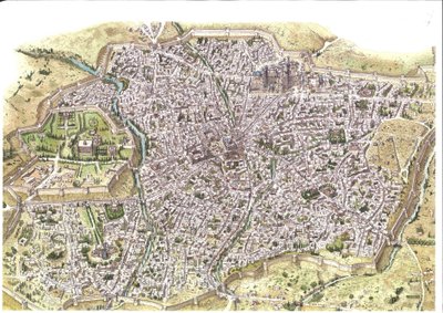 Moyen Âge : vue aérienne détaillée de la ville de Samarcande (Samarkand), les remparts sont visibles, en Ouzbékistan à l