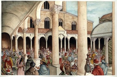 Moyen Âge : fideles, pelerins, marchands et Romains représentés au XIIIe siècle dans le péristyle (entrée) de l