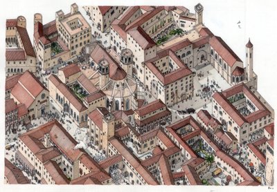 Moyen Âge : reconstitution du quartier historique du Barri Gotic (barrio gotico) à Barcelone au XIVe siècle. La cathédrale Sainte-Eulalie est visible. Espagne Illustration de Giorgio Albertini. (L