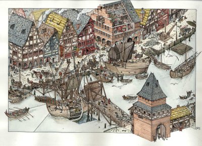 Moyen Âge : vue des activités commerciales autour du port de Lubeck, sur la mer Baltique. XIVe siècle. Allemagne - Giorgio Albertini