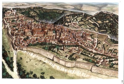 Moyen Âge : vue de la ville médiévale de Volterra, entourée de remparts, au XIVe siècle. Toscane. Italie Illustration de Giorgio Albertini. (L
