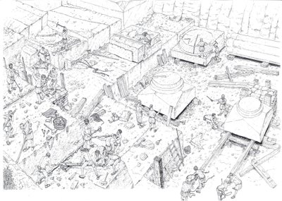 Moyen Âge : vue représentant des ouvriers travaillant dans les carrières de marbre de Carrare (Carrara) au XVe siècle. Italie Illustration de Giorgio Albertini. (L