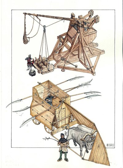 Moyen Âge : machine de guerre, modèle de catapulte et de char tirés par des bœufs munis de lances aiguisées. - Giorgio Albertini