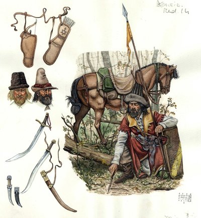 Représentation des estradiots, cavaliers mercenaires légers au XVe siècle. - Giorgio Albertini