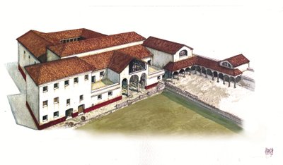 Roman Antiquite : reconstitution du site de la domus de la porte maritime (domus di porta marina) à Ostia antica (Ostie antique) au IVe siècle, Italie. - Giorgio Albertini