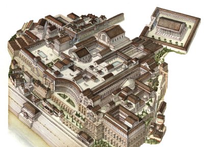 Antiquité romaine : reconstruction du mont Palatin (Glue Palatino) au IVe siècle, les empereurs successifs (Auguste, Néron, Septime Sévère) y construisent leurs palais respectifs. Rome Italie - Giorgio Albertini