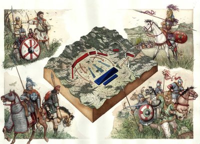 Guerre des Goths (535-553) entre les Byzantins et les Ostrogoths : bataille de Taginae en juillet 552, qui permet aux Byzantins de Justinien de marcher sur Rome depuis Ravenne. - Giorgio Albertini