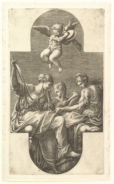 Trois Muses et un Putto avec des cymbales, une composition cruciforme, d
