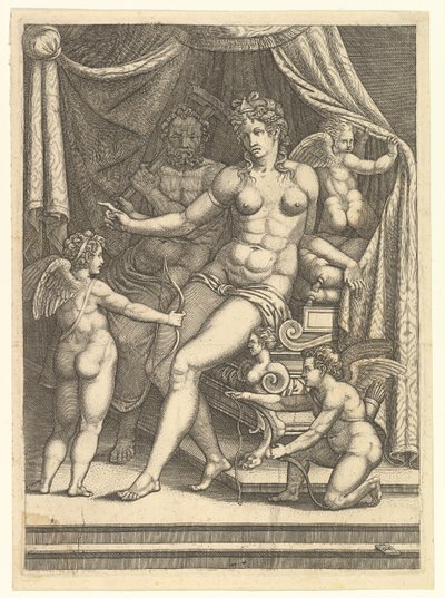 Vénus et Vulcain assis sur un lit et trois putti, milieu des années 1550 - Giorgio Ghisi