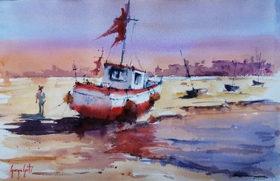 Un bateau échoué au coucher du soleil - Giorgio Gosti