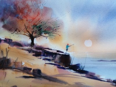 Pêcheur au coucher du soleil sur la côte - Giorgio Gosti