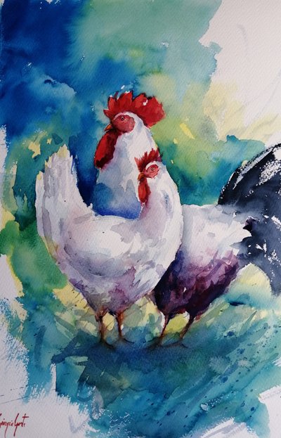 Un coq et une poule colorés - Giorgio Gosti