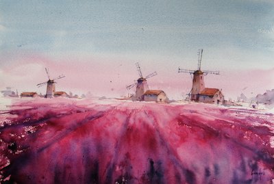 Paysage avec moulin à vent et lavande - Giorgio Gosti