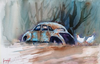 Une voiture rustique et des poules - Giorgio Gosti