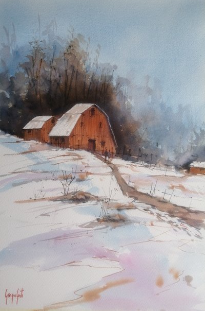 Une grange dans un paysage enneigé - Giorgio Gosti