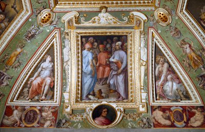 (détail) de la salle de Cosimo de Medicis se représentant avec des artistes et des intellectuels - Giorgio Vasari