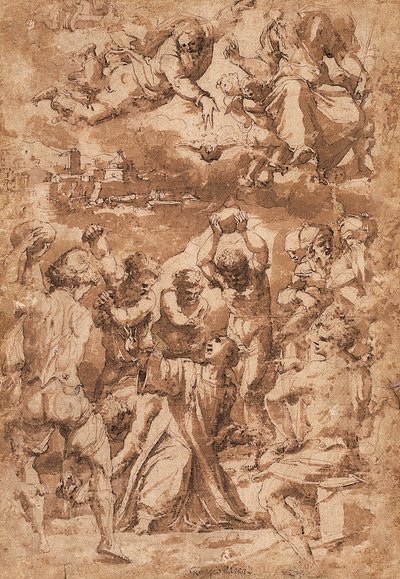La Lapidation de Saint Étienne, avec la Trinité au-dessus - Giorgio Vasari