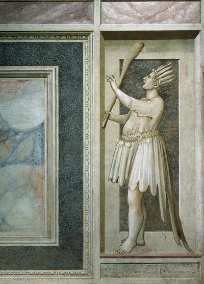 Folie, figure masculine avec la bouche fermée par un verrou, une massue dans la main droite, la tête couverte de plumes et une queue de paon (après restauration en 2002) - Giotto (c.1266 1337)