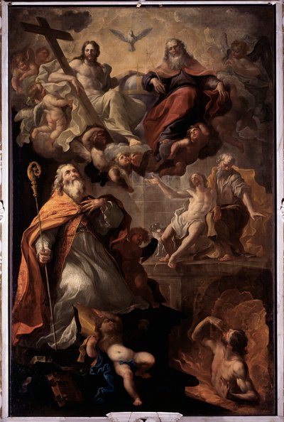 Représentation de Saint Nicolas de Bari et la Sainte Trinité Dieu, Jésus-Christ et la colombe du Saint-Esprit - Giovanni Andrea Carlone