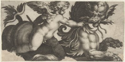 Putto nourrissant un monstre marin avec une feuille - Giovanni Andrea Maglioli