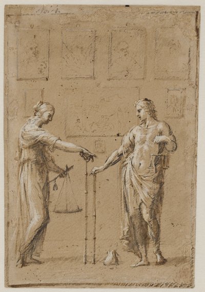 Un homme et une femme en costumes antiques, chacun avec des balances et une règle, devant un mur avec des peintures. Une bourse sur le sol devant l