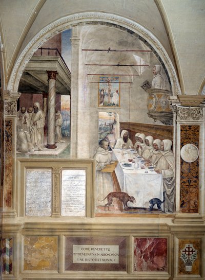 Benoît obtient de la farine en abondance et nourrit les moines - Fresque du cloître réalisée par Antonio Bazzi dit il Sodoma (1477 - 1549) racontant la vie de Saint Benoît de Nursie (480 - 567) fondateur de l