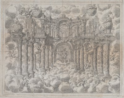 Planche 2 [contre-épreuve] : Décor de scène avec des figures allégoriques assises parmi les nuages - Giovanni Antonio Lorenzini