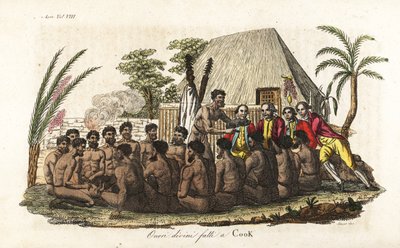 Les indigènes hawaïens offrent un cochon sacrificiel au capitaine James Cook devant 12 prêtres et une idole en bois dans la maison sacrée d