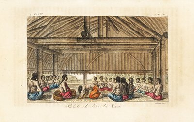 Le roi Polaho buvant du kava dans une maison longue, Tonga (Îles Amies). Gravure sur cuivre coloriée à la main par Sasso d