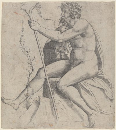 Homme Assis Tenant un Bâton Fourchu - Giovanni Antonio da Brescia