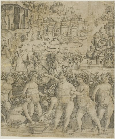 Sept cupidons avec deux béliers dans un paysage - Giovanni Antonio da Brescia