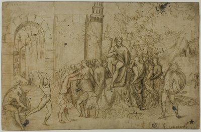 Acrobates se produisant devant une règle (recto) ; scène en plein air avec un groupe de personnages (verso) - Giovanni Antonio da Pordenone