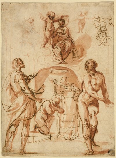 Esquisses : Vierge et enfant ; Vierge et enfant avec deux saints ; Saint baptisant une figure agenouillée - Giovanni Baglione