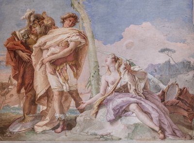 Palazzina (Petit Bâtiment) : vue de la quatrième chambre ou de Torquato Tasso, avec fresques représentant des épisodes de "La Jérusalem délivrée" : "Rinaldo, escorté par Ubaldo et Carlo, abandonne Armida" - Giovanni Battista Tiepolo