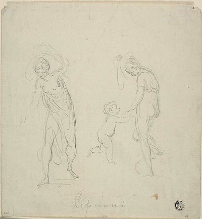 Deux esquisses : Femme debout, Femme dansant avec un enfant - Giovanni Battista Cipriani
