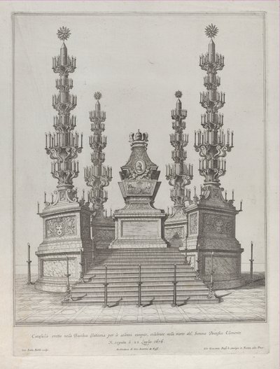 Catafalque pour le Pape Clément X: une structure centrale élevée sur une plateforme à 15 marches - Giovanni Battista Falda