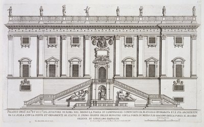 Vue de la façade du Palazzo Senatorio sur la Piazza del Campidoglio, Rome, commencé par Michel-Ange Buonarroti (1475-1564) et achevé par Girolamo Rainaldi (1570-1655) - Giovanni Battista Falda