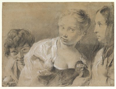 Garçon avec un œuf, fille avec une poule et femme observant - Giovanni Battista Piazzetta