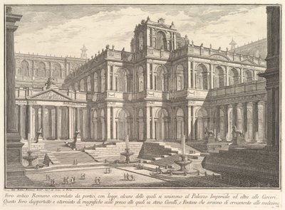 Forum romain antique entouré de portiques, avec des loggias, dont certaines communiquent avec..., vers 1750 - Giovanni Battista Piranesi