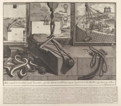 Panneau de démonstration montrant la technique pour soulever des blocs de travertin et de marbre pour la con..., 1756 - Giovanni Battista Piranesi